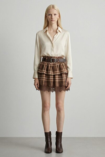 Rays 1345 Пола с дантела с тартан мотив, цвят кафе