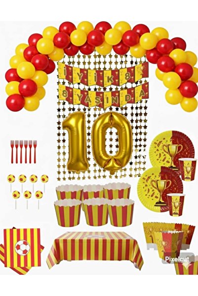 Mehca 8 kişilik Sarı kırmızı taraftar 10 yaş doğum günü konsepti