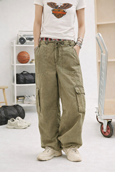 september island Annie Khaki Color Loose Fit Canvas Cargo Pants with Lace Detail