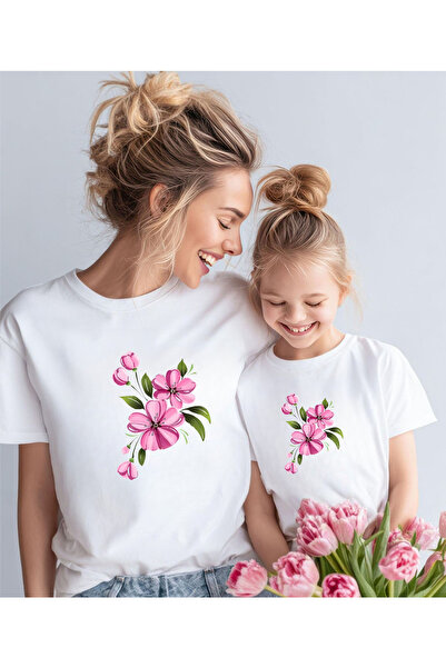 ASELİNDA Ροζ μπλουζάκι με στάμπα λουλουδιών από βαμβάκι με στρογγυλή λαιμόκοψη