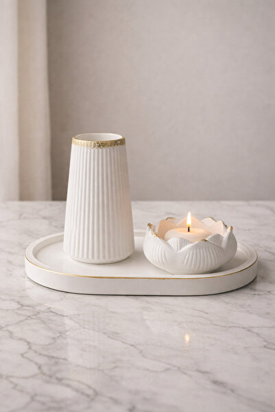 StoneVia Modern Beyaz Çizgili Dekoratif Vazo & Lotus Mumluk Seti – Tepsili 3’...