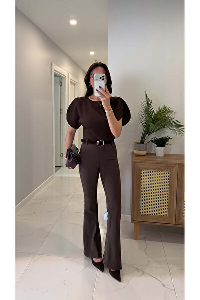 BİRCANÇİL Yilla Brown Gabardine Belted Spanish Trousers