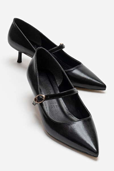 CCWAY AYAKKABI Γυναικεία παπούτσια με λεπτό τακούνι και αγκράφα, ΜΑΥΡΑ ΖΑΡΩΜΕΝΑ