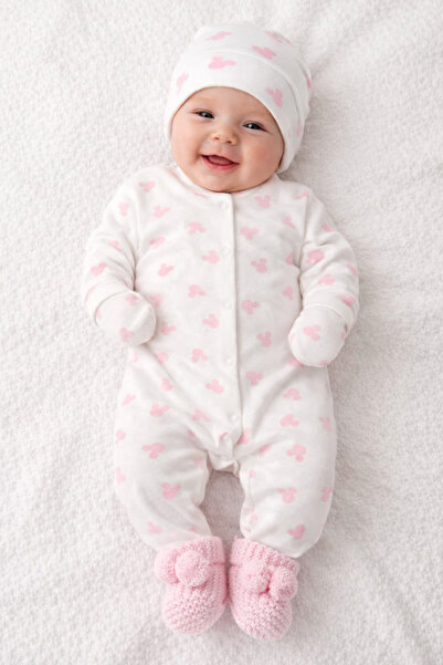 Minoliva Luna Pembe Mickey Mouse Desenli 3'lü Bebek Tulum Seti + Örgü Patik H...