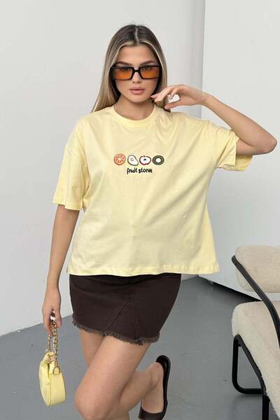 GİYSA Women's Fruit Embroidered 100% Cotton T-Shirt Yellow - 26Y 26518