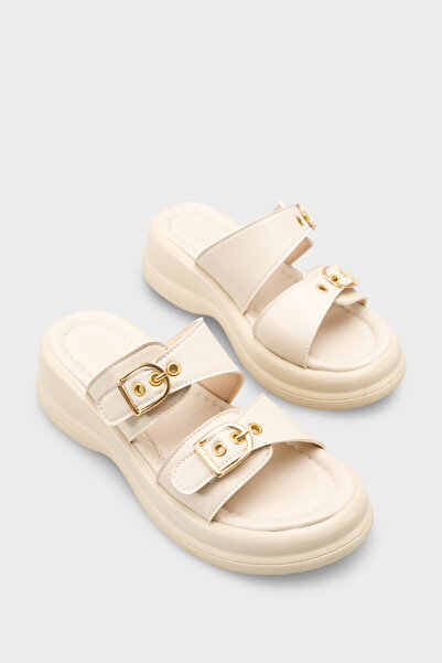 Riccon Women's Double Buckle Slippers 00121027 Beige