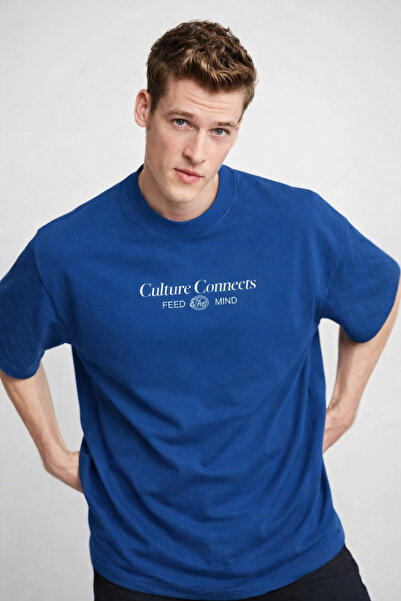 COMBİNE MİCHAİL تي شيرت رجالي أزرق كبير الحجم مطبوع عليه نص