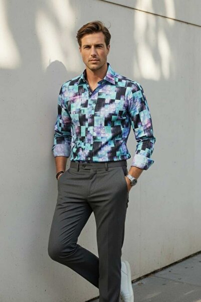 Louis Fabel Colorful Patterned Long Sleeve Men's Shirt