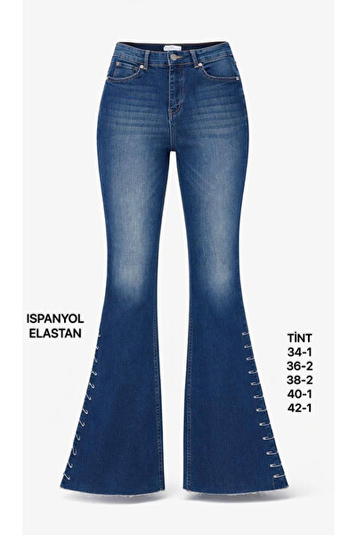 Miss Poem بنطلون جينز نسائي أزرق داكن بقصة واسعة على الطراز الإسباني