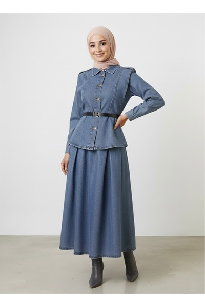 NERA GİYİM Denim Skirt and Belt 2-Piece Set - Blue