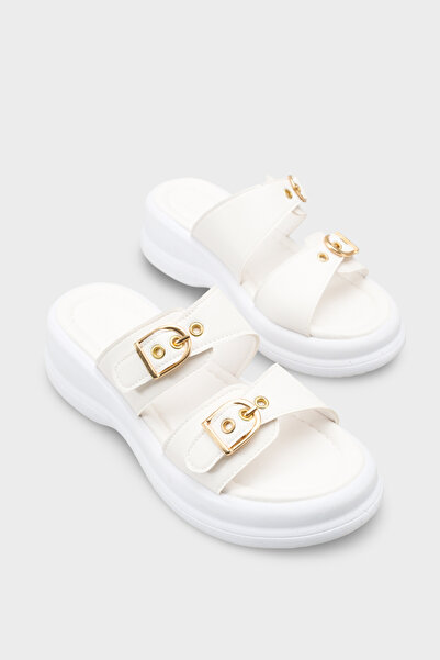 Riccon Women's Double Buckle Slippers 00121027 White