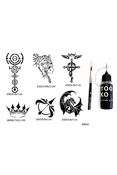 Airbrush Tattoo Ejderha Bozkurt 6 Adet Şablon Likit Kalem Uçlu Geçici Dövme S...