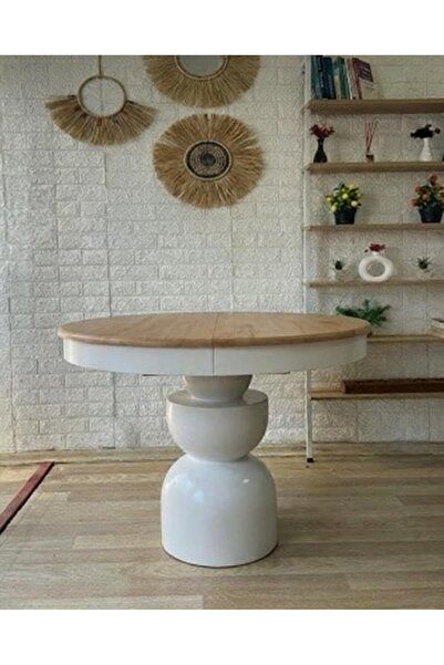 silla Concept Boğum Ayaklı Masa Naturel Ahşap Yuvarlak Üst Tablalı Beyaz Ayak...