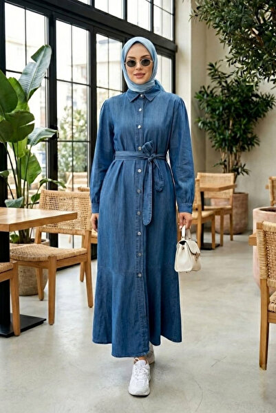 Hb Harma Time Butik Women's Buttoned Belted Dark Denim Blue Dress