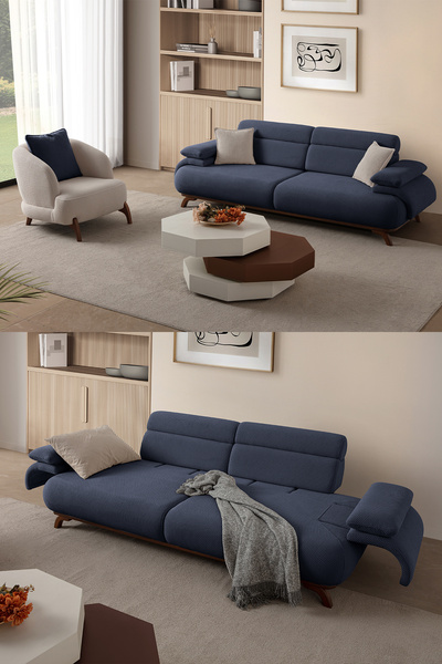 Eymense Bonjo Sırt Mekanizmalı Ceviz Kasalı Koltuk Takımı 3+1 Lacivert