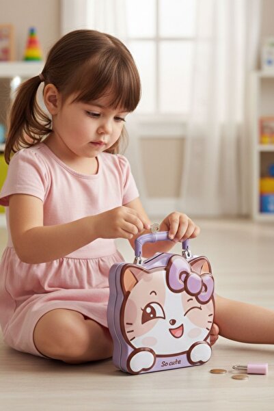 ASLI KİRAZ JEWERLY Kedi Figürlü Çocuk Kumbarası Mor