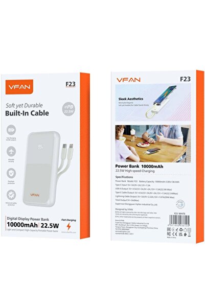 VFAN باور بانك بسعة 10000 مللي أمبير وقوة 22.5 واط مزود بكابل مدمج للشحن السريع