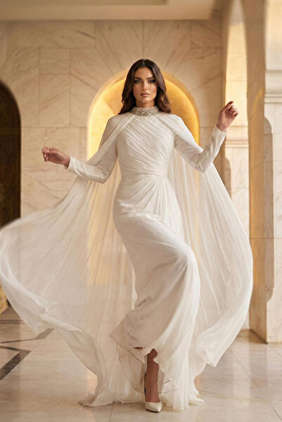 hakimoda Mi̇ella sparkling chiffon white evening dress