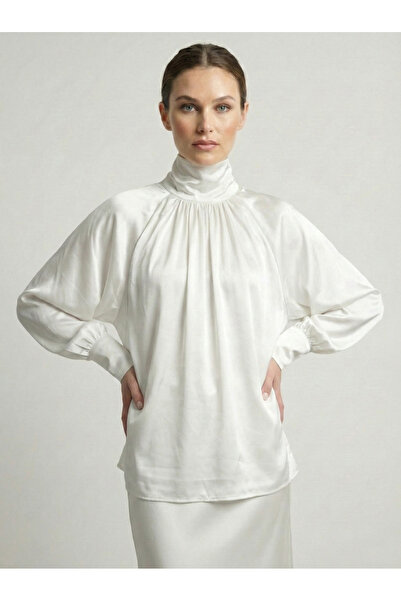 NEW JOURNAL Women's Ecru Balloon Sleeve Satin Shirt Nj99