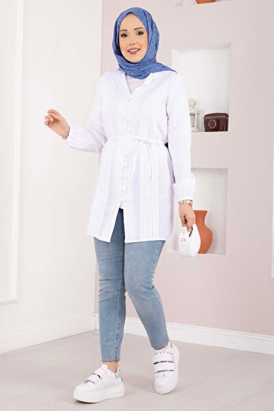 EBRUTESETTÜR قميص أبيض بتفاصيل محبوكة وأربطة