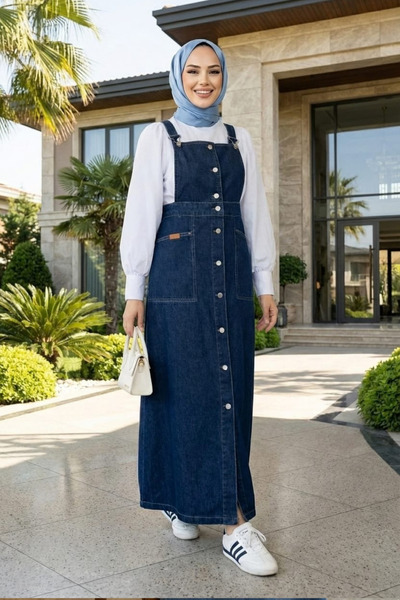 Hb Harma Time Butik Women's Navy Blue Denim Salopet with Adjustable Straps, B...