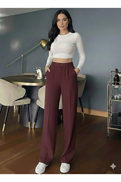 Modayıldızlar MR Γυναικείο μπορντό παντελόνι παλάτσο με ψηλή μέση, με πιέτες ...