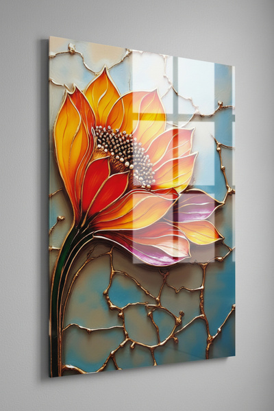 degdesign Cam Tablo Vitray Çiçek Desen Baskılı