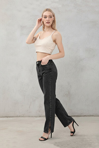 KENE JEANS Wide Leg Side Slit Boyfriend Loose-Fit Pants