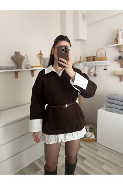 SIPAHI Gömlek Detaylı Triko Tunik Elbise | Acı Kahve