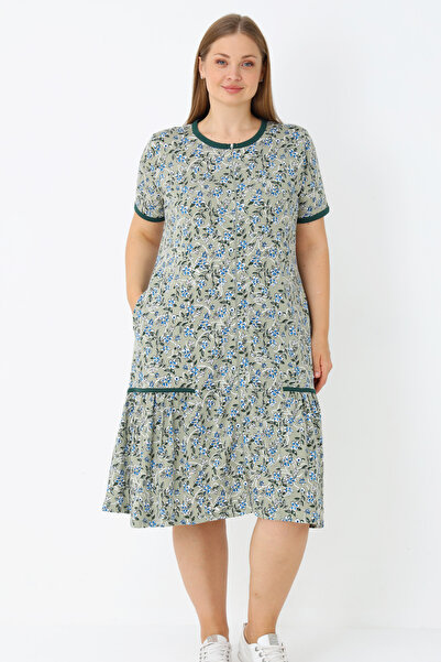 İntensive Women's Plus Size Cotton Full Zipper Pocket Ribbed Short Sleeve Dress