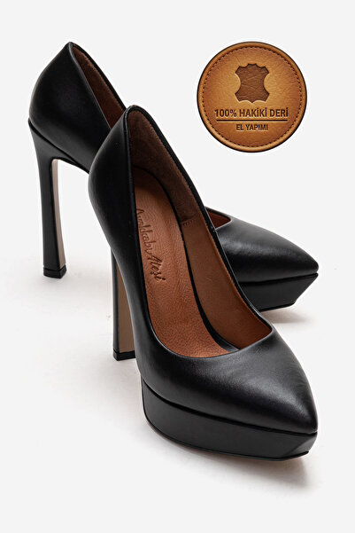 Ayakkabı Ateşi Genuine Leather Women's Black Leather Platform Heeled Shoes Po...