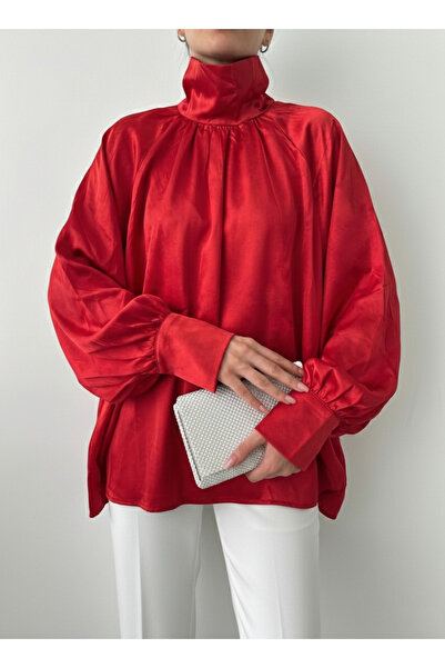 NEW JOURNAL Women's Red Balloon Sleeve Satin Shirt Nj99