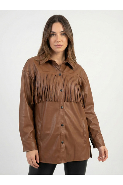 NEW JOURNAL Jachetă cămașă maro cu ciucuri pentru femei, model piele sintetic...