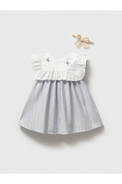 NoyNoy Baby Baby Girl Blue Striped Embroidered Cotton Dress with Ruffle Detai...