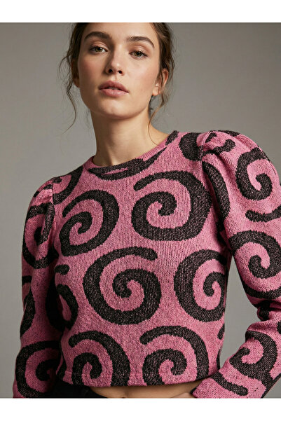 NEW JOURNAL Women's Pink-Black Patterned Jacquard Puffy Sleeve Sweater Jf11