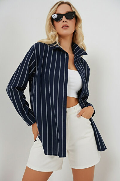 Merterium Women's Striped Oversize Shirt 1346 - Navy Blue