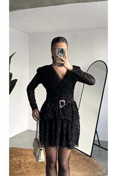 asfamoda Women's Black Lace Mini Dress Double Breasted Collar Belted Long Sle...