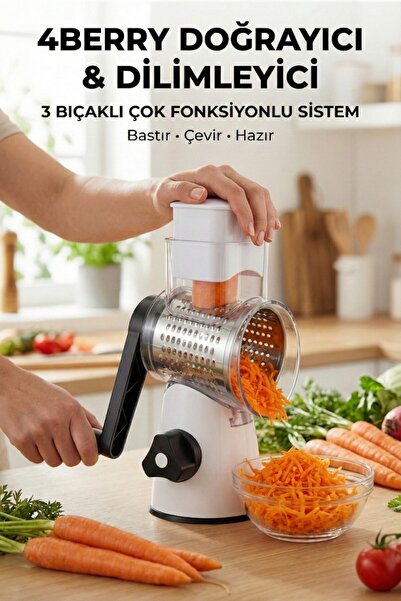 4 Berry 3 Bıçaklı Döner Doğrayıcı ve Dilimleyici | Vakumlu Tabanlı Çok Fonksi...