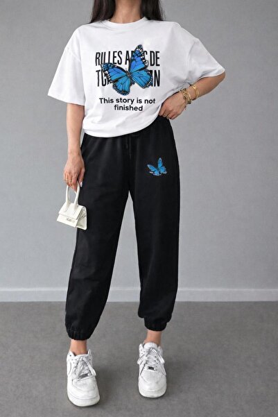zeag Women's Blue Butterfly Printed Tracksuit T-Shirt Set