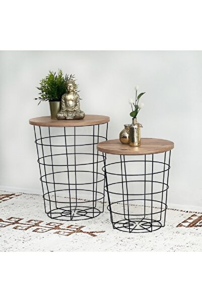 HOMS Set 2 masute de cafea tip cos, negru-nuc