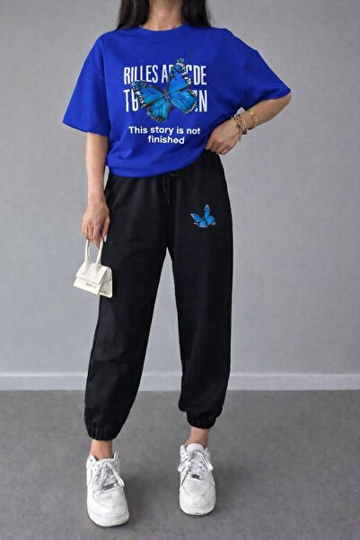 zeag Women's Blue Butterfly Printed Tracksuit T-Shirt Set