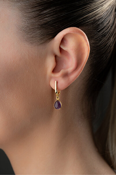 jingle bells Doğal Ametist Damla Taşlı Sallantılı Gümüş Küpe Altın Kaplama