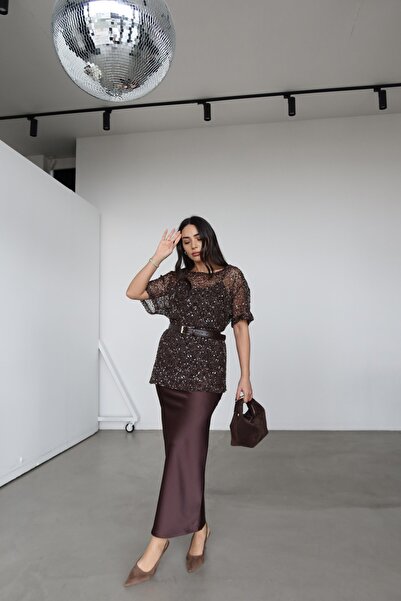 Özge Özgenç Belted Pencil Satin Skirt
