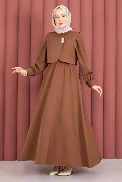 EBRUTESETTÜR طقم فستان بوليرولو بأزرار ذهبية باللون البني