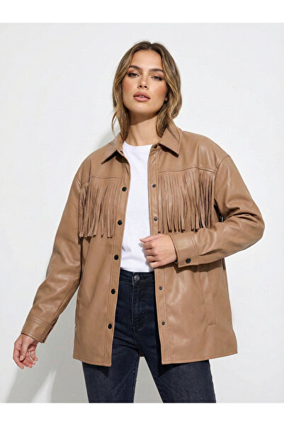 NEW JOURNAL Women's Beige Tassel Detailed Faux Leather Shirt Jacket Nj97