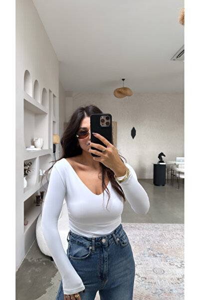 Buket Teke Body alb din poliamidă cu decolteu în V