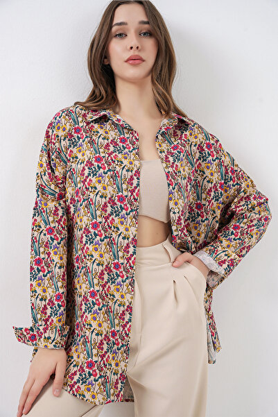 Merterium Women's Graphic Pattern Oversize Shirt 1071 - Beige