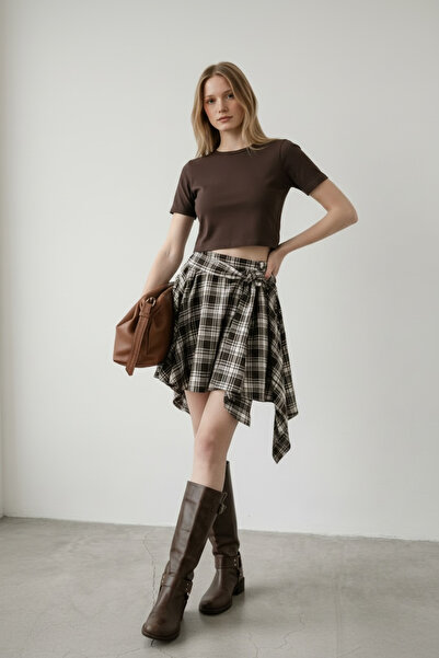 Vireo Club Women's Brown Plaid Asymmetrical Mini Skirt
