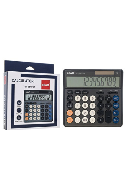 ellott 12 Digit Desktop Calculator with Big LCD Display and Dual Power – Grey