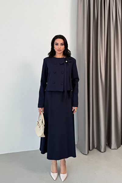 Serica Moda Navy Blue Baby Collar Bow Detailed Jacket Skirt Set